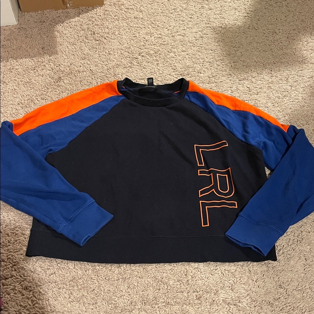 Lauren Ralph Lauren Black and Blue Crewneck Cropped Sweater with Orange Accents